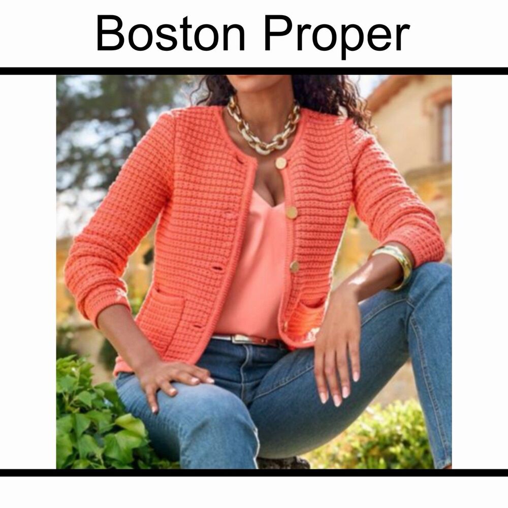 Boston Proper Textured Button Up Lady Cardigan Sweater Shell Pink XXS